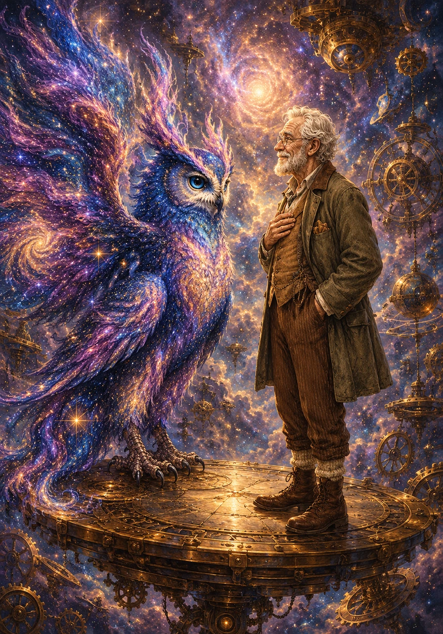 A majestic creature, half-owl and half-nebula, soared through the gears and landed gently on a floating brass platform near Kathryn. Its eyes held the wisdom of a thousand years, and it spoke without moving its beak, welcoming her to the Chronos Nebula. The creature explained that the great gears of time had jammed, and only a visitor from Earth could release them.