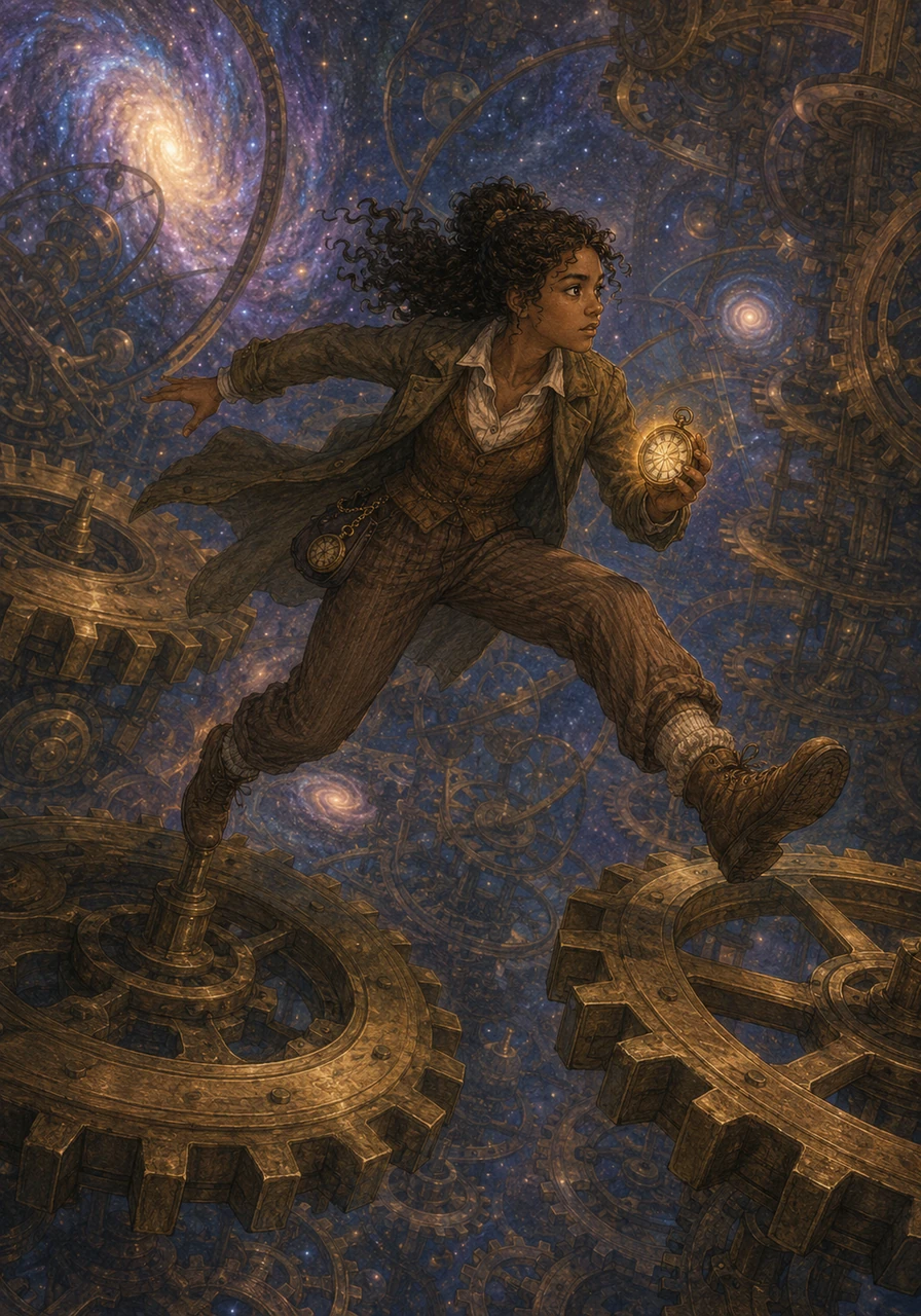 Kathryn leaped from one floating cog to another, balancing carefully as the giant brass wheels groaned and turned beneath her. The watch in her hand pulsed like a compass, guiding her toward the center of the celestial machinery. She felt a surge of determination, her brown skin glowing under the light of distant galaxies.
