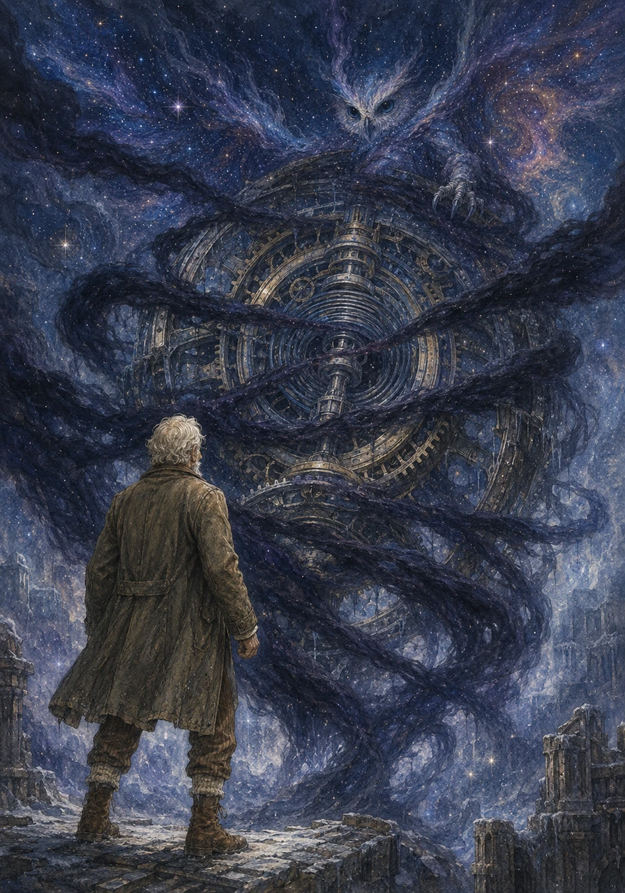 At the heart of the nebula, a massive shadow was wrapped tightly around the main spring of time, freezing the stars in place. The air grew cold, and the beautiful ticking rhythm slowed to a painful, erratic thud. Kathryn knew she had to be brave, facing the dark mist that threatened to trap the universe in a perpetual winter.