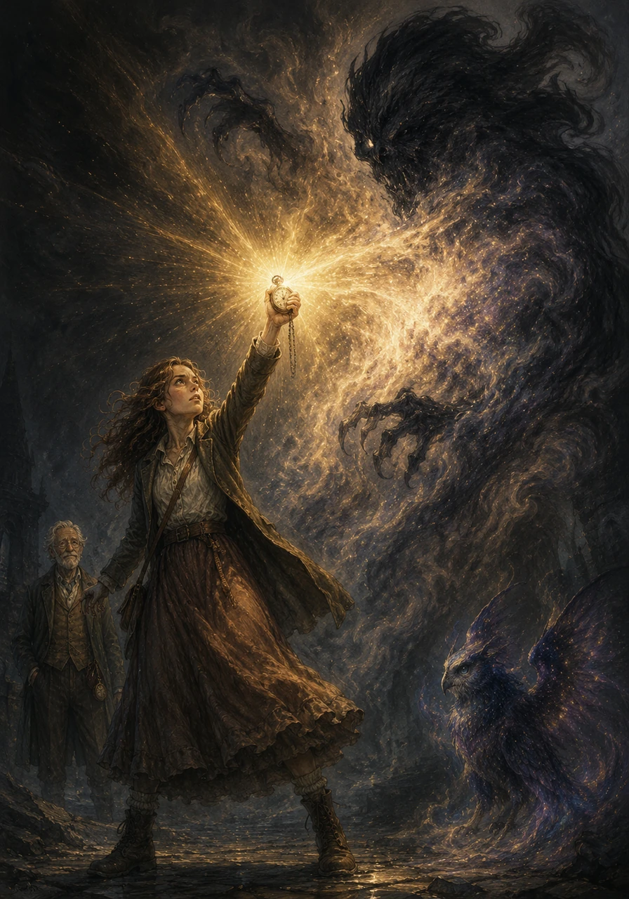 Holding the pocket watch high above her head, Kathryn channeled all her thoughts of home, warmth, and love into the device. The watch responded by unleashing a blinding flash of golden light that pierced through the darkness. The shadow dissipated into harmless mist, defeated by the pure energy of the girl's courage.