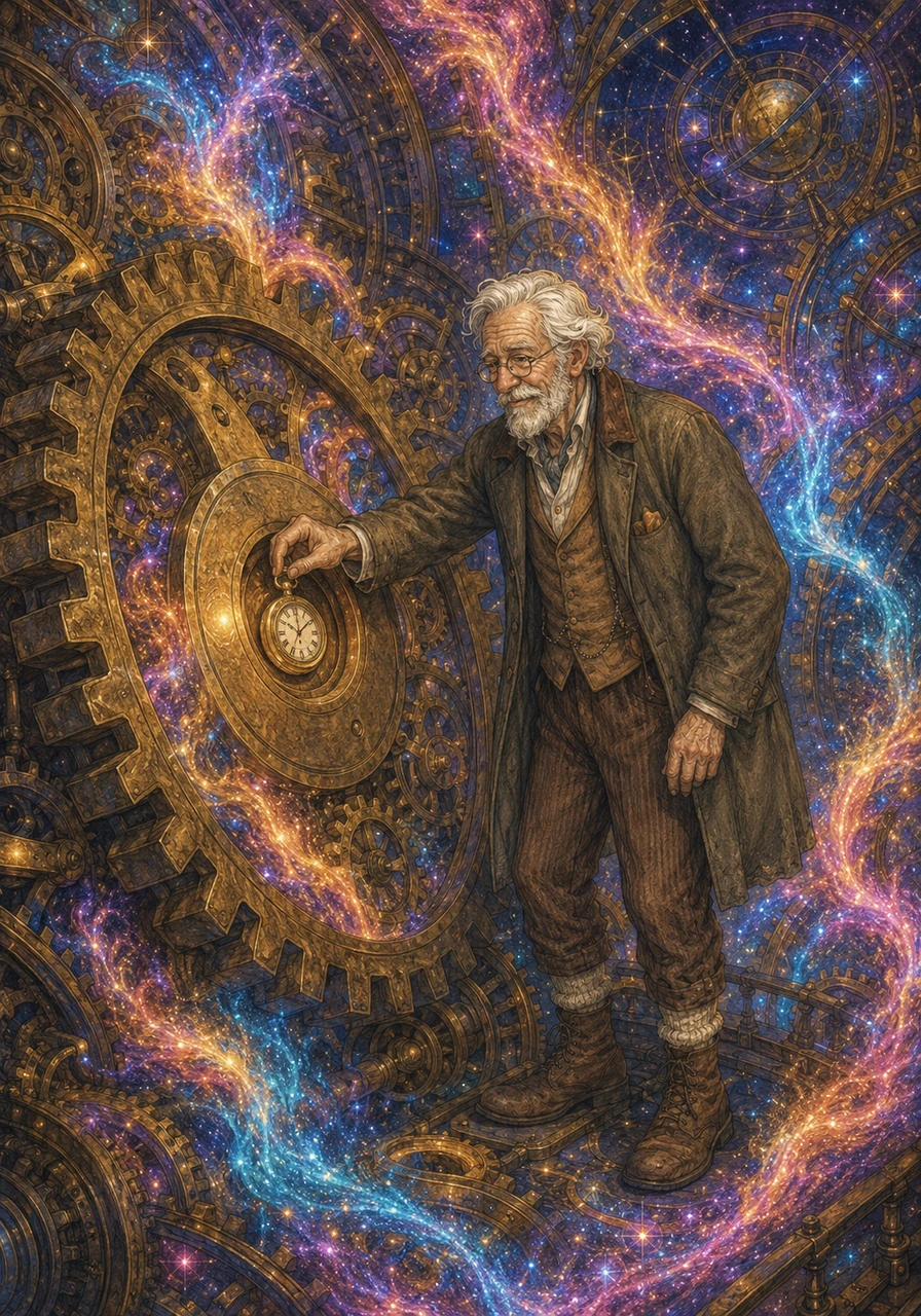 With the shadow gone, Kathryn placed her small pocket watch into a perfectly shaped indentation on the main gear. With a thunderous click, the entire cosmic machine sprang back to life, spinning in perfect harmony. Rivers of vibrant stardust began to flow again, painting the sky in dazzling shades of gold, magenta, and cyan.