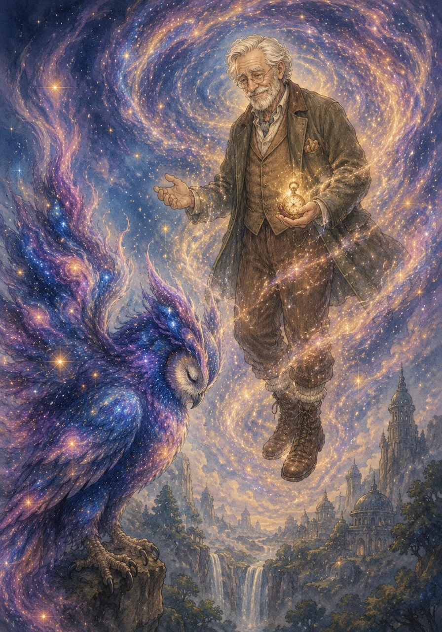 The nebula owl dipped its head in gratitude as a gentle vortex of stardust began to wrap around Kathryn, lifting her into the air. She smiled, realizing she had saved not just a magical realm, but the very flow of time itself. The watch returned to her hand, its surface now sparkling with a permanent celestial glow.