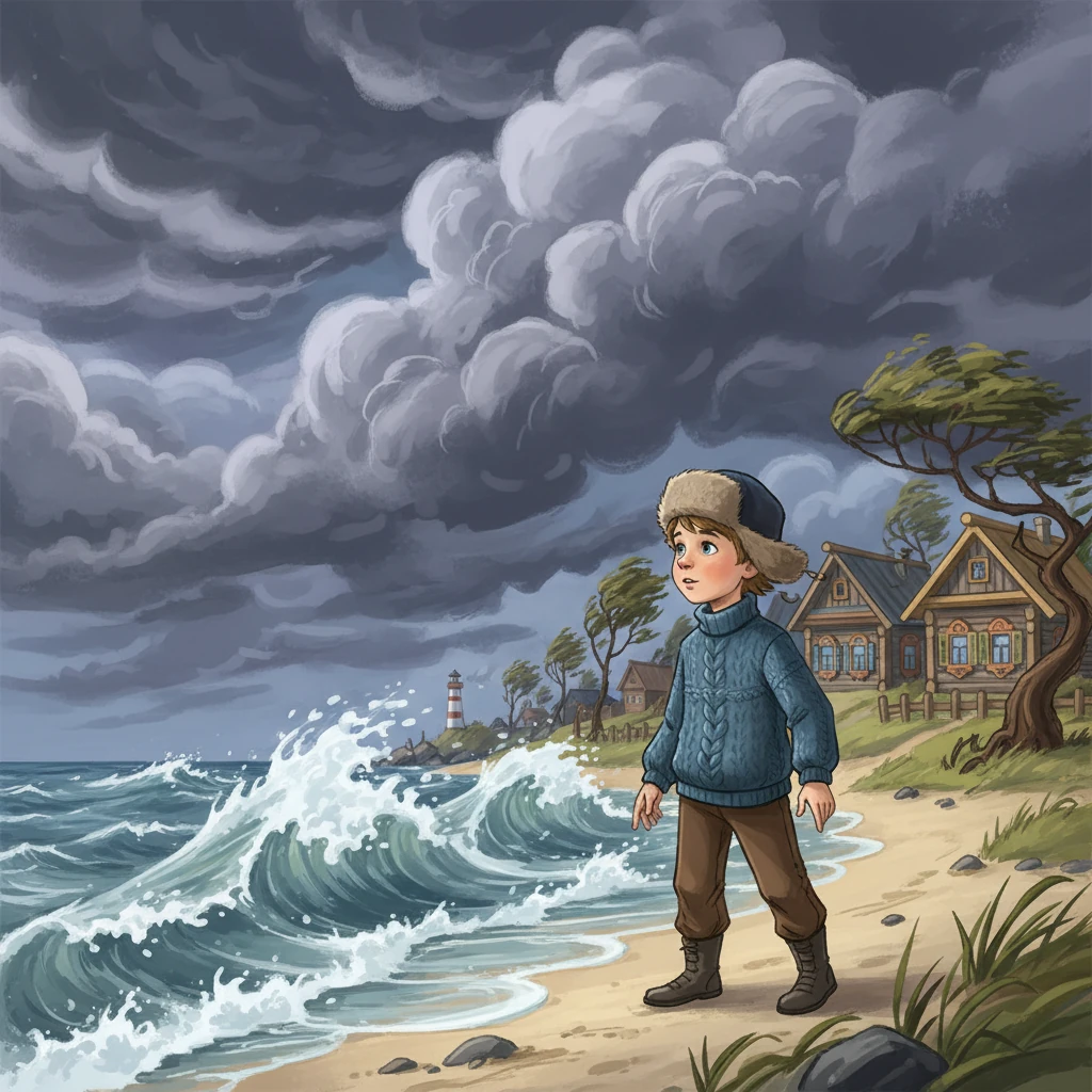 Сева жил в маленькой деревушке у самого моря. Он любил играть на пляже и наблюдать за волнами. Однажды, когда небо заволокло тучами, а ветер начал усиливаться, Сева почувствовал, что что-то вот-вот произойдет.