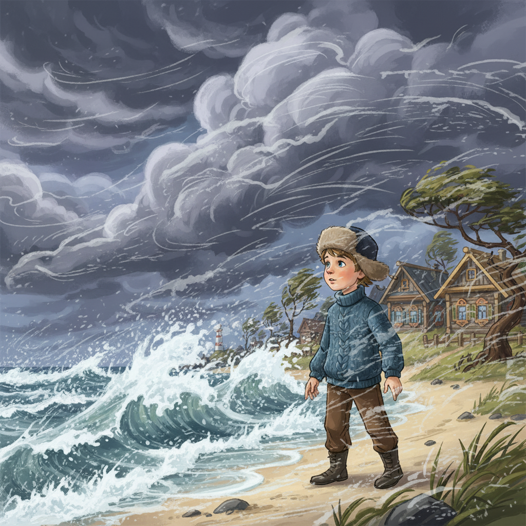 Начался настоящий ураган! Волны вздымались, как огромные горы, и ветер свистел в ушах. Все жители деревни спрятались по домам, но Сева, несмотря на страх, не мог оторвать взгляд от бушующей стихии.