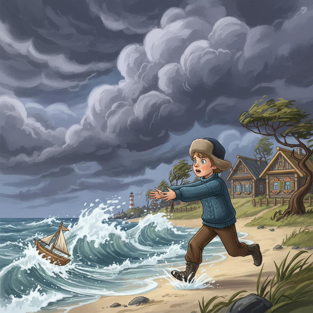 Вдруг Сева увидел, как огромная волна уносит его любимую игрушку - деревянную лодочку. Не раздумывая, он побежал к морю, пытаясь спасти её. Это было очень опасно, но Сева не боялся.