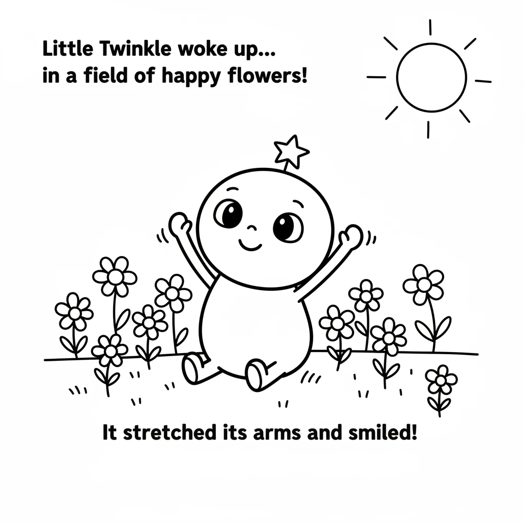 Little Twinkle, a round sprite with a tiny star on its head, woke up in a field of simple, happy flowers. The sun was a big, friendly circle in the sk