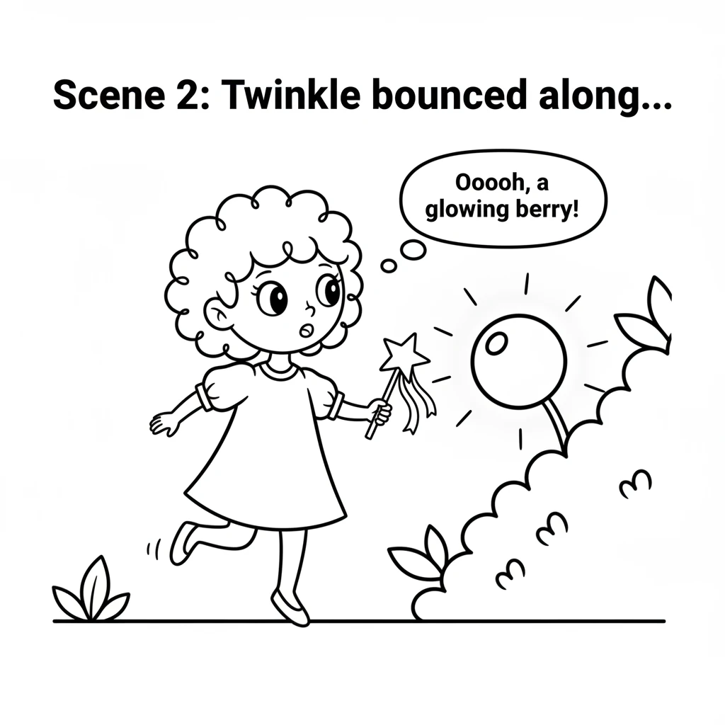 Twinkle bounced along until it saw something new: a plump berry on a bush, glowing with a soft light. It looked very inviting. Twinkle tilted its head