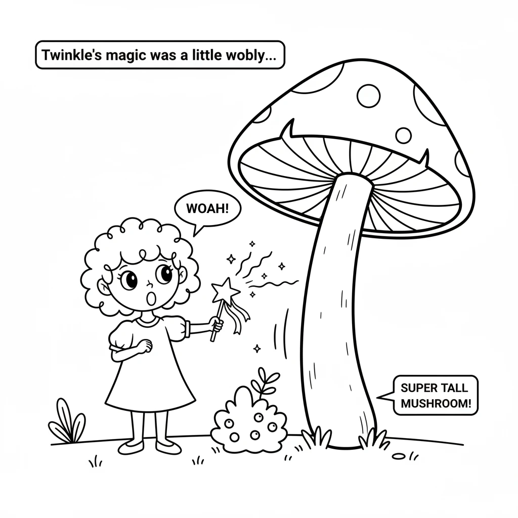 Excited, Twinkle tried to make another berry sparkle, but its magic was a little wobbly. Instead of the berry, a nearby mushroom suddenly grew super t