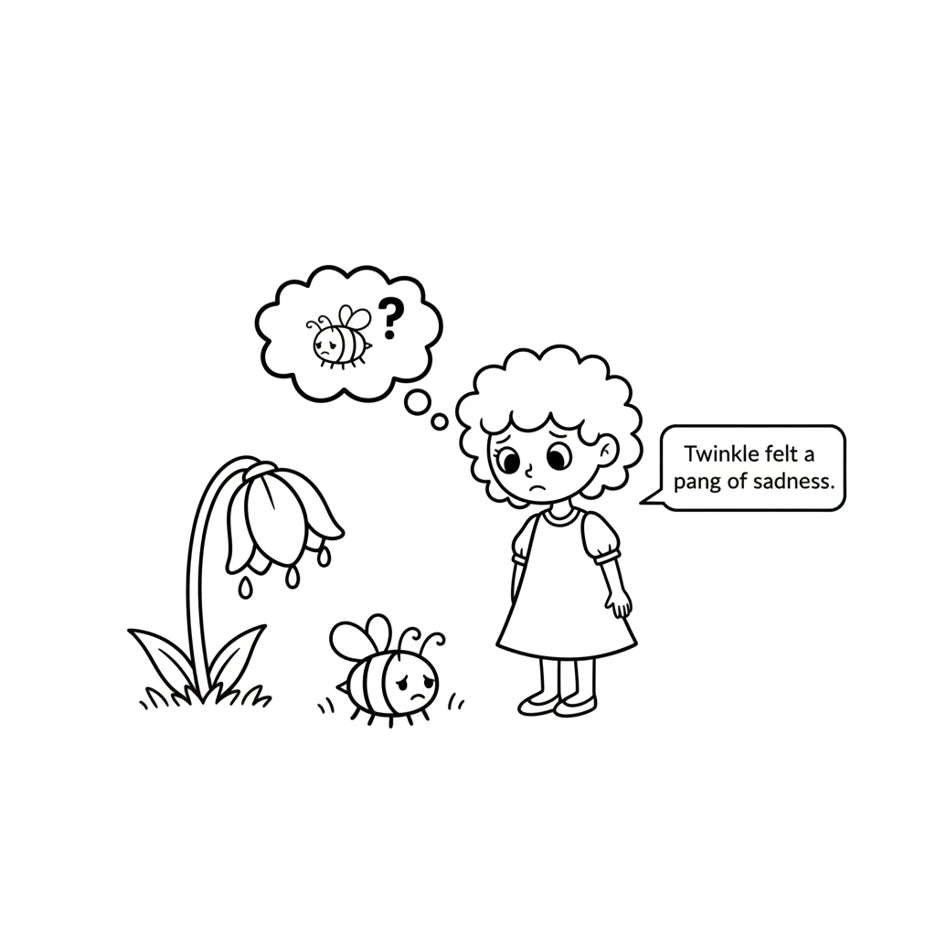 Soon, Twinkle saw a small, sad bee sitting by a flower. The bee's wings looked droopy, and it couldn't fly. Twinkle felt a little pang of sadness for