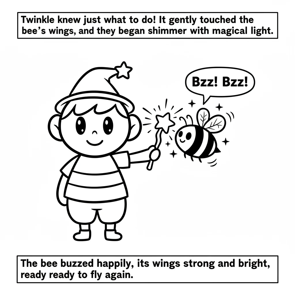 Twinkle knew just what to do! It gently touched the bee's wings, and they began to shimmer with magical light. The bee buzzed happily, its wings stron