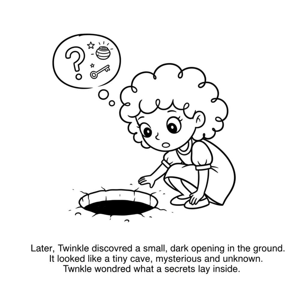 Later, Twinkle discovered a small, dark opening in the ground. It looked like a tiny cave, mysterious and unknown. Twinkle wondered what secrets lay i