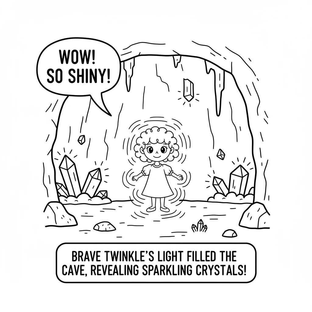 Brave Twinkle used its own bright glow to light up the cave. The darkness vanished, revealing sparkling crystals growing inside! They reflected Twinkl