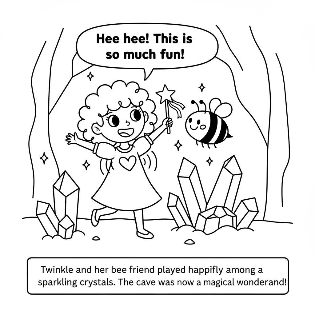 Twinkle and its bee friend played happily among the sparkling crystals, their laughter echoing softly. The little cave was now a magical wonderland, a