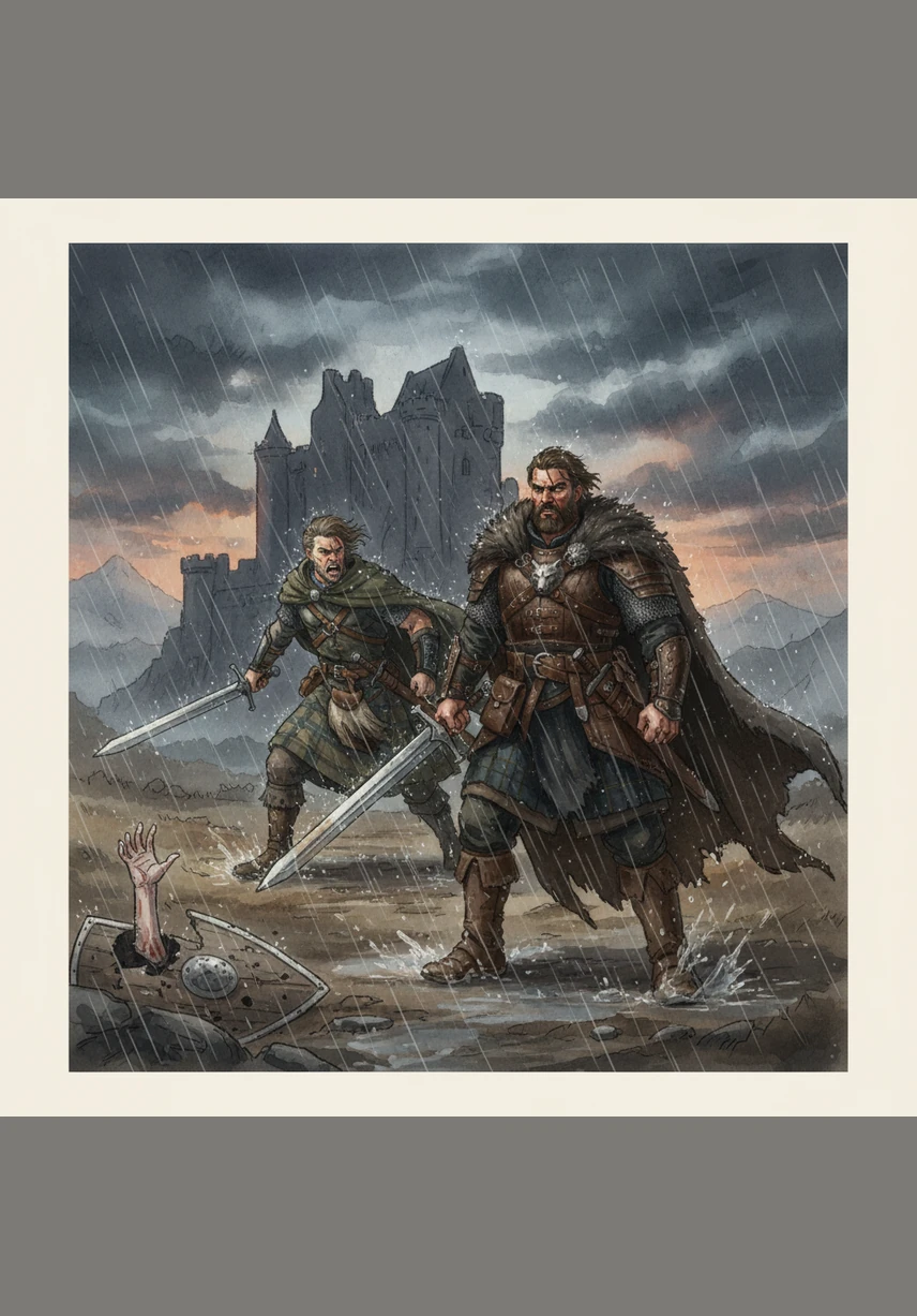 A jagged silhouette of a stone castle stands defiant against a swirling sea of thick, grey fog. Above, the sky churns with the violet and black of a gathering storm, signaling a world where nature itself reflects the chaos of the human heart.