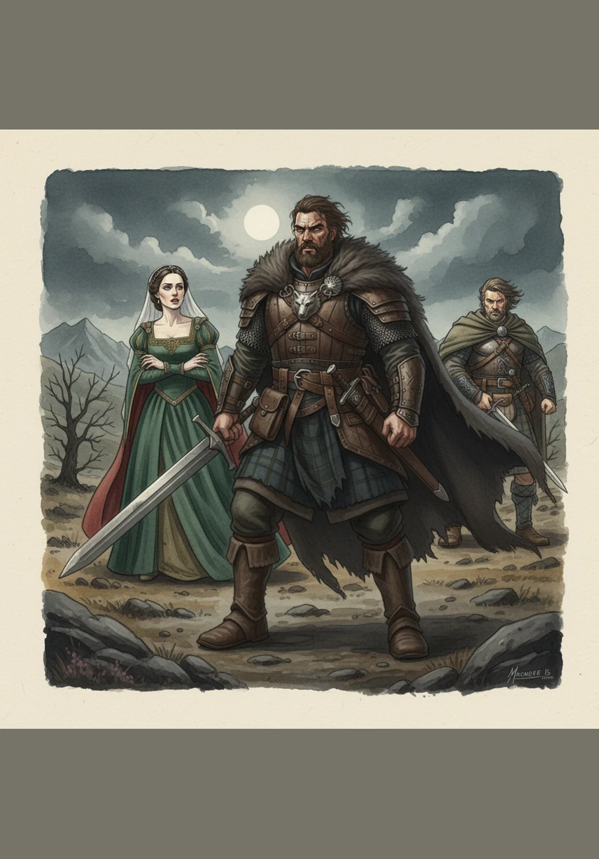 An ancient, ink-stained manuscript lies open on a heavy wooden table, its edges curling with age. The flickering candlelight casts long, dancing shadows that suggest the invisible strings of fate and the heavy weight of words that can change the course of history.