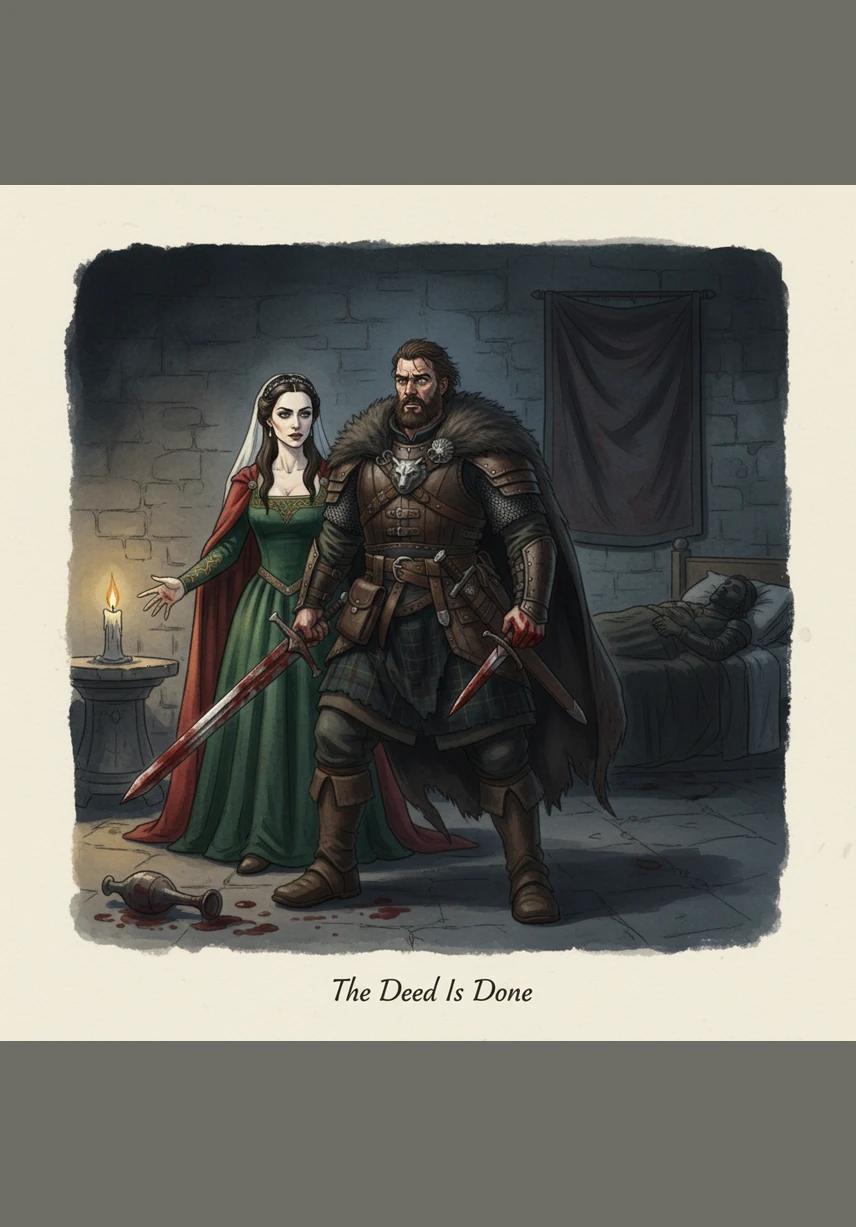 In the dim glow of the hearth, Lady Macbeth stands tall, her eyes burning with a cold, piercing intensity as she confronts her husband. She leans in close, her expression one of sharp challenge, questioning his strength and mocking the hesitation that keeps him from his crown.