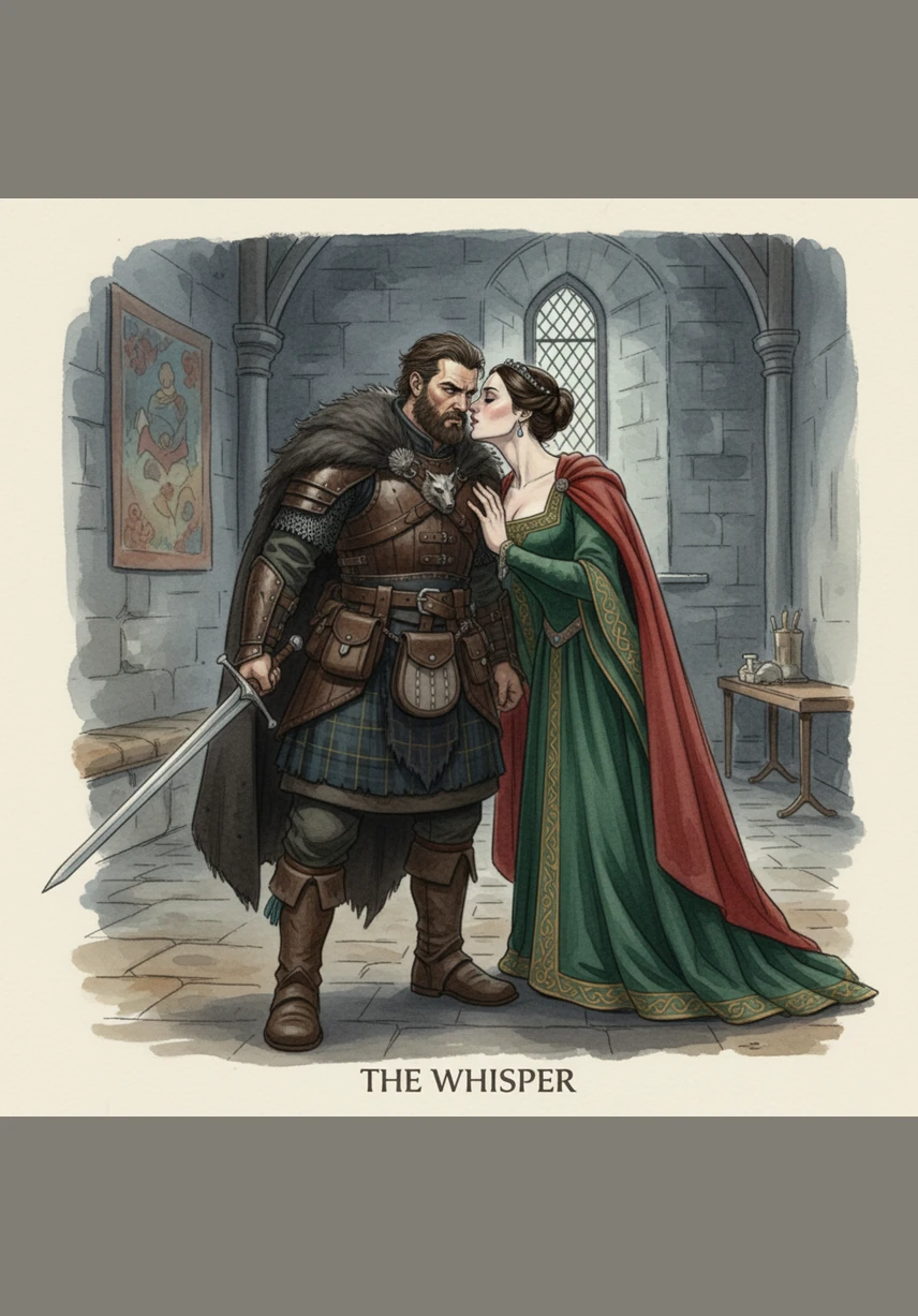 Shadows wrap around the couple like a shroud as Lady Macbeth whispers directly into Macbeth’s ear, her hand gripping his arm with iron-like conviction. The atmosphere is thick with the pressure of her will, urging him to cast aside his moral doubts and tighten his resolve for the deed ahead.