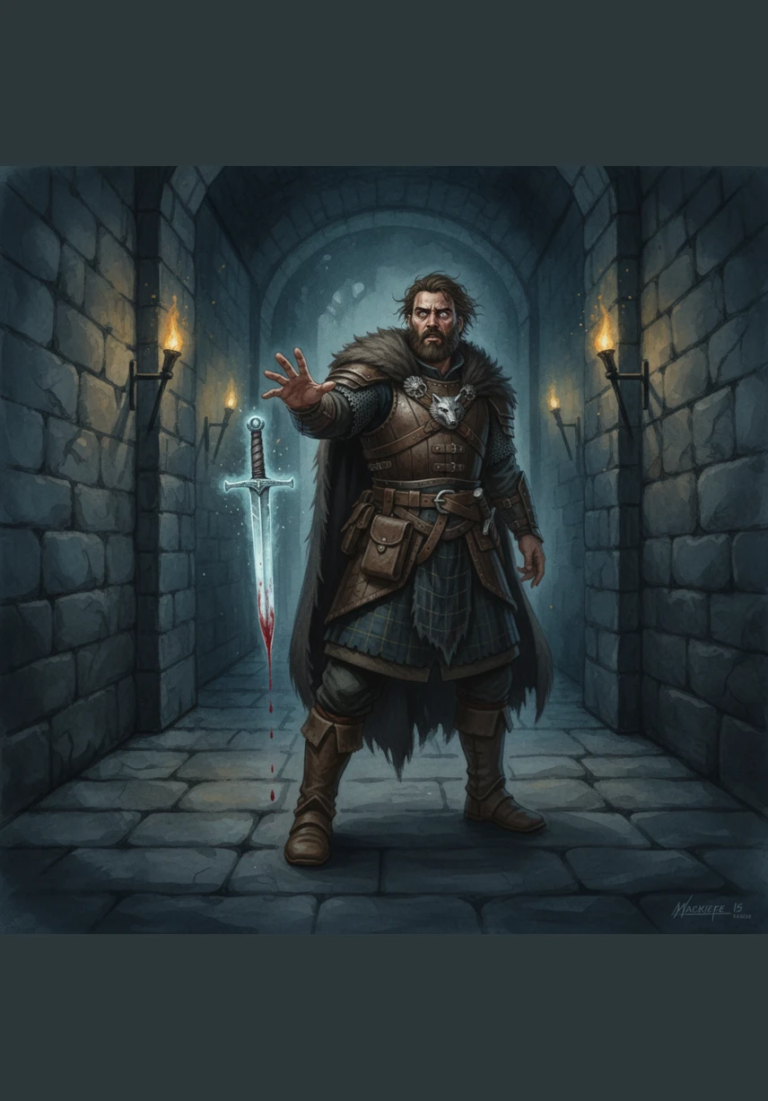 Macbeth reaches out into the empty air of a dark corridor, his eyes wide with a mix of terror and fascination. Before him hovers a spectral, translucent dagger, its hilt turned toward his hand and its blade dripping with imaginary blood, symbolizing the total collapse of his reason.