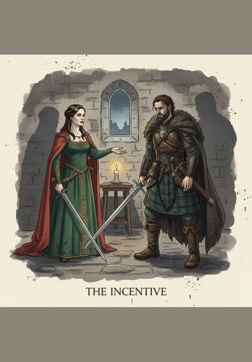 Standing with an air of absolute command, Lady Macbeth looks down upon the world with a chilling confidence. Her posture is regal and unyielding, projecting an authority that Macbeth finds impossible to resist, leading him to surrender his own judgment to her dark vision.