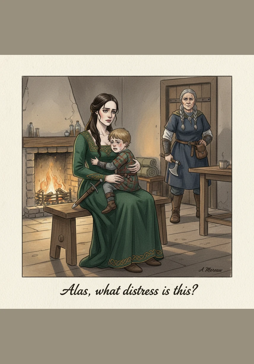 The scene shifts to a tender, heartbreaking moment where a mother holds her young child close in a quiet room. The warm, soft light of their innocence is surrounded by encroaching shadows, representing the tragic destruction of the blameless as Macbeth’s tyranny spreads across the land.