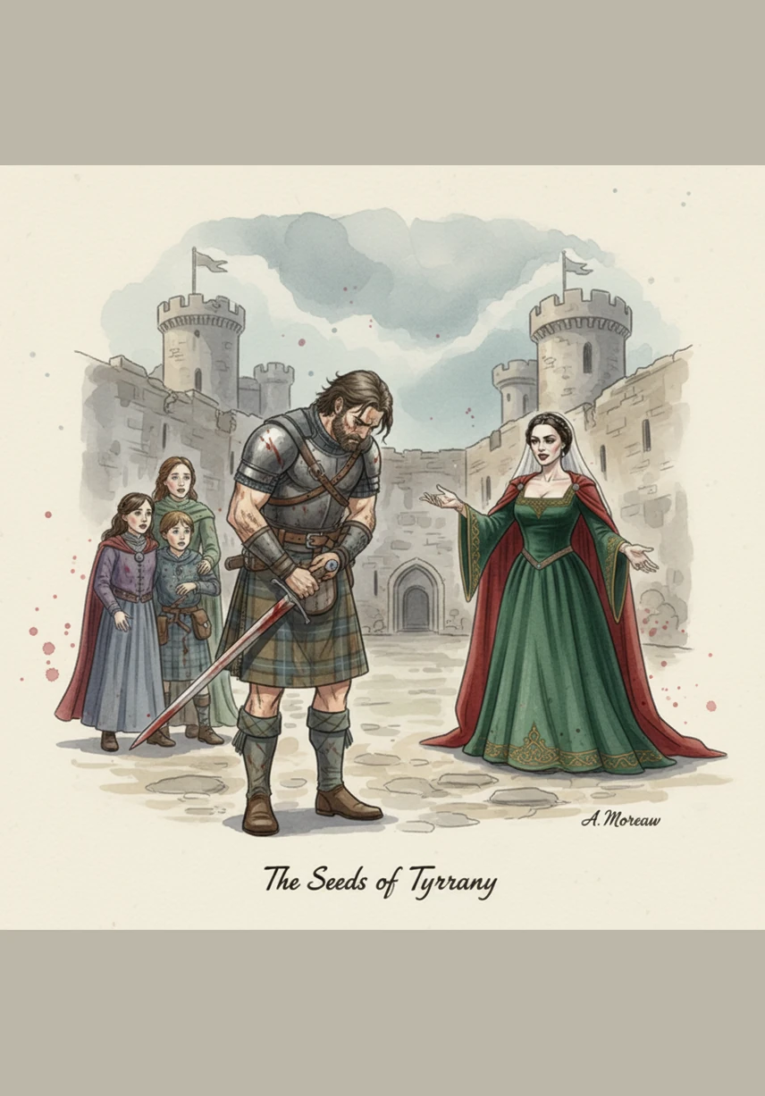 A weary warrior bows his head, not in defeat, but in profound and honest grief as he learns of his family’s fate. His face shows the deep lines of sorrow, proving that true manliness is found in the courage to feel and the strength to mourn, contrasting sharply with the tyrant's coldness.