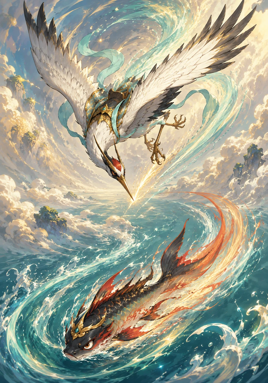 神鹰扑空后瞬间落入海中化作一条游鱼,二郎神则紧追不舍变作一只捕鱼的白鹤。他们在虚幻的天河与云海间不断变换身形,速度快得只剩下一道道绚丽的流光。