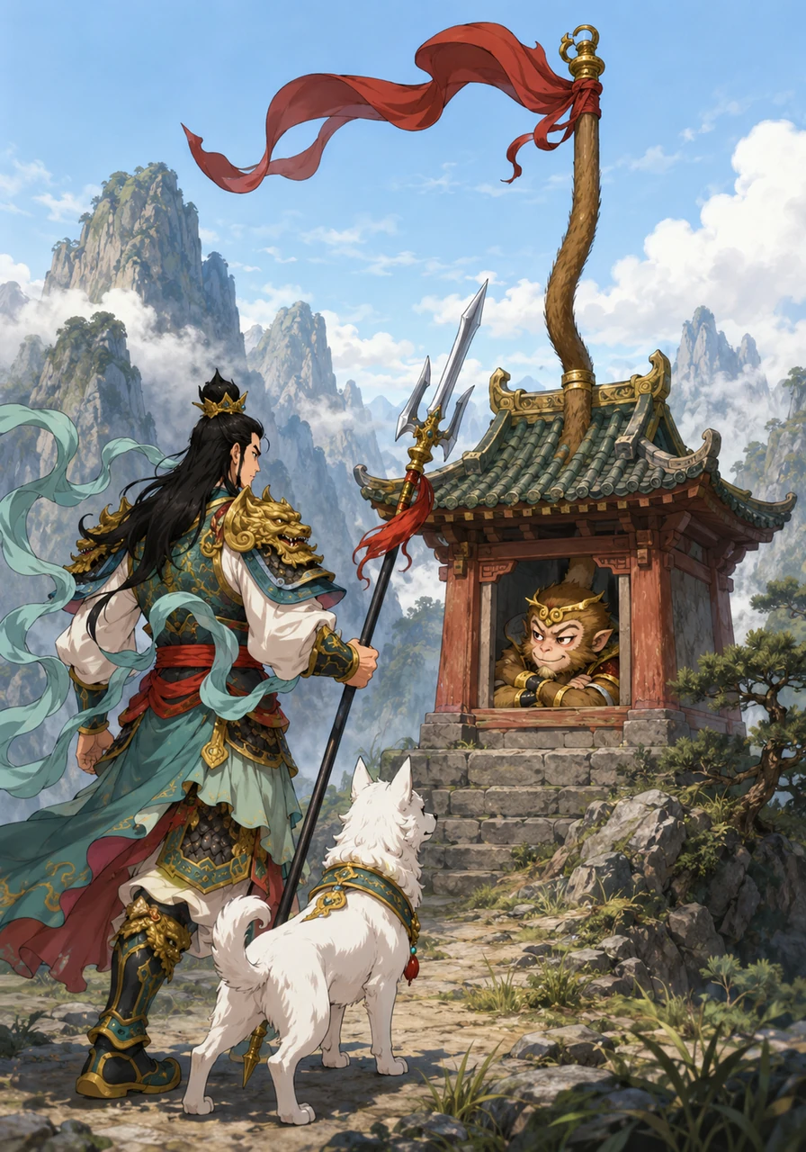 久攻不下的孙悟空有些急躁,索性变作一座土地庙,企图以此瞒过二郎神的双眼。然而,他那无法隐藏的尾巴变成的一根旗杆,立刻引起了二郎神的怀疑。