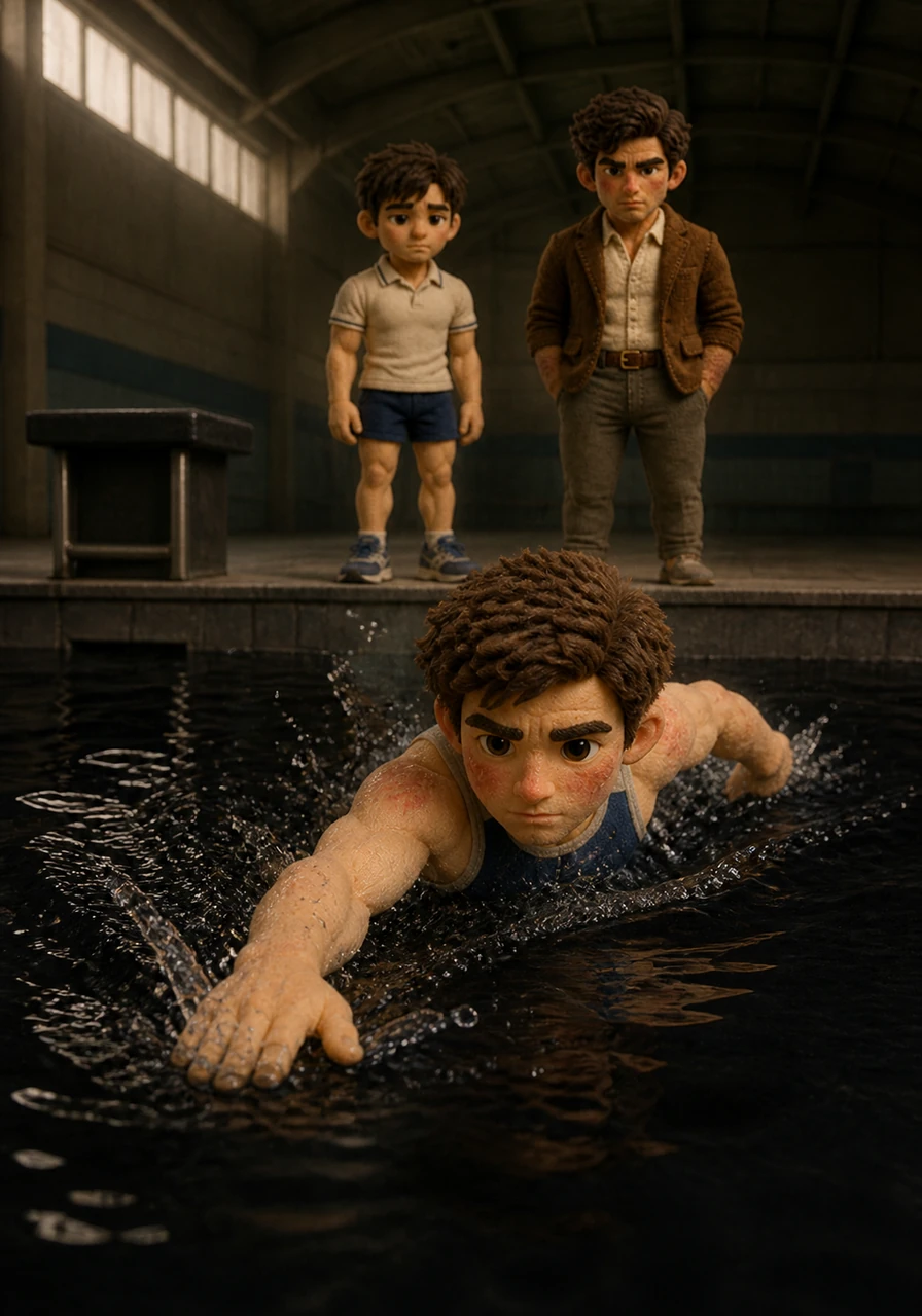 James plunges into the dark, ink-like water of the sports complex pool, where the only sound is the rhythmic thwack of his palms hitting the surface. Each stroke is a negotiation with gravity, a silent struggle where language fades and only the mechanics of breath and movement remain.