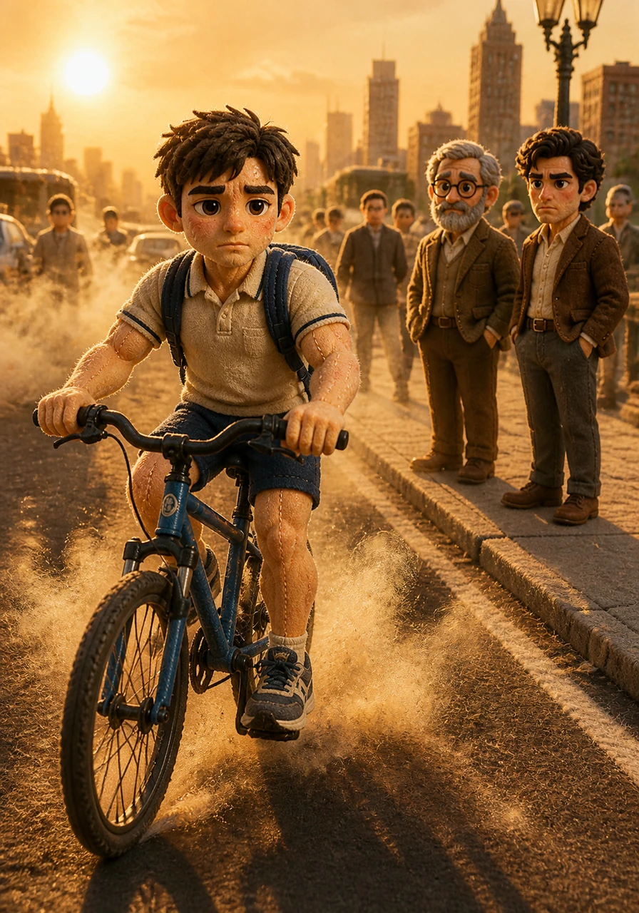 The afternoon sun casts long, heavy shadows as James transitions to his bike, pedaling through the swirling dust left by the city’s commuters. Each rotation of the pedals is a step toward his dream of independence, turning the harsh human footprint of the road into his own path forward.