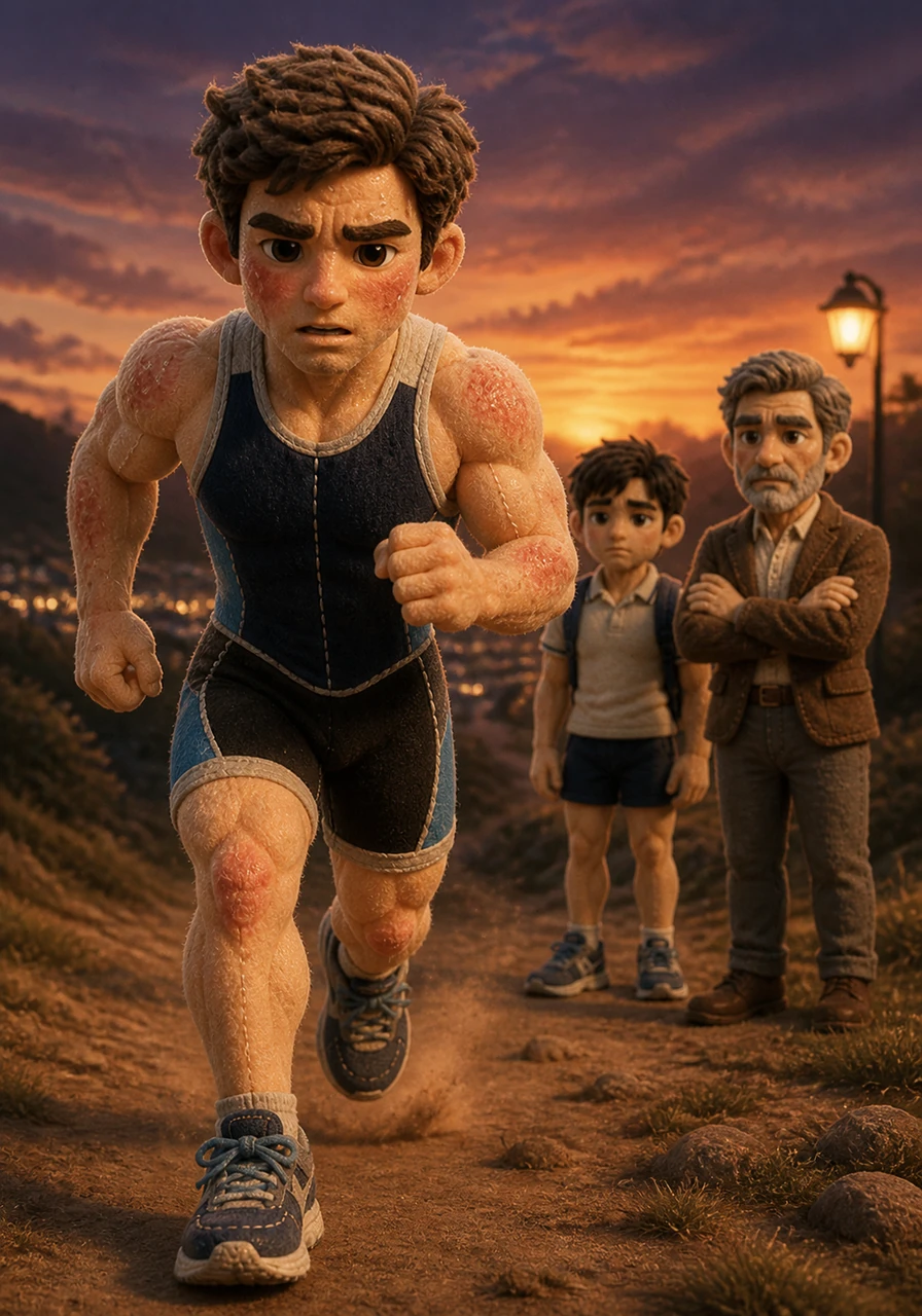 On the final leg of his journey, James pushes through a grueling run, his lungs burning like hot sand against the cooling evening air. The physical toll of the day finally meets the mental fatigue of his senior-level coursework, testing his resolve to maintain his form and pace.