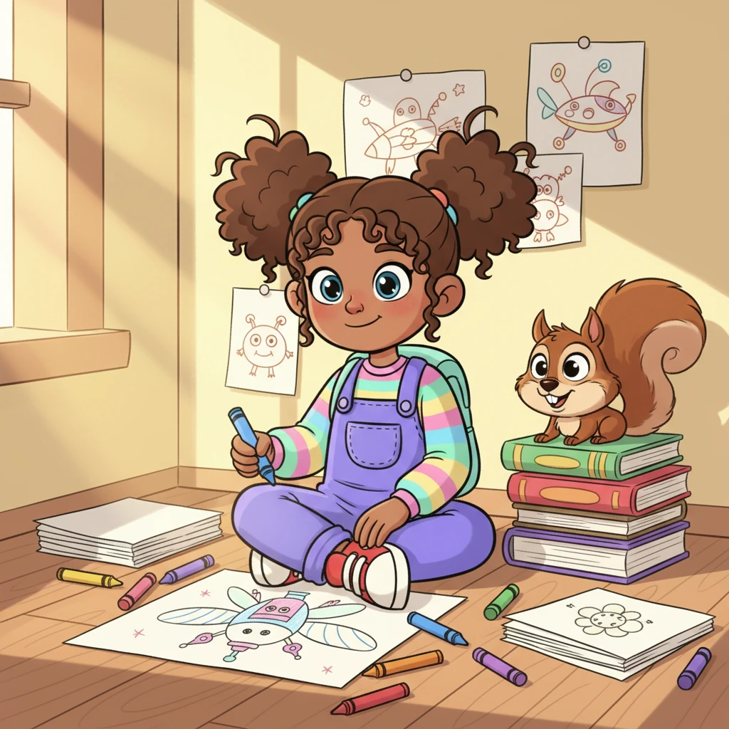 Brielle sat in her sunny room, surrounded by a rainbow of crayons and stacks of paper. Her walls were covered with drawings of flying contraptions and whimsical creatures, reflecting her big, bright imagination. A mischievous little squirrel with a bushy tail, named Squeaky, peeked from behind a pile of books, ready for adventure.
