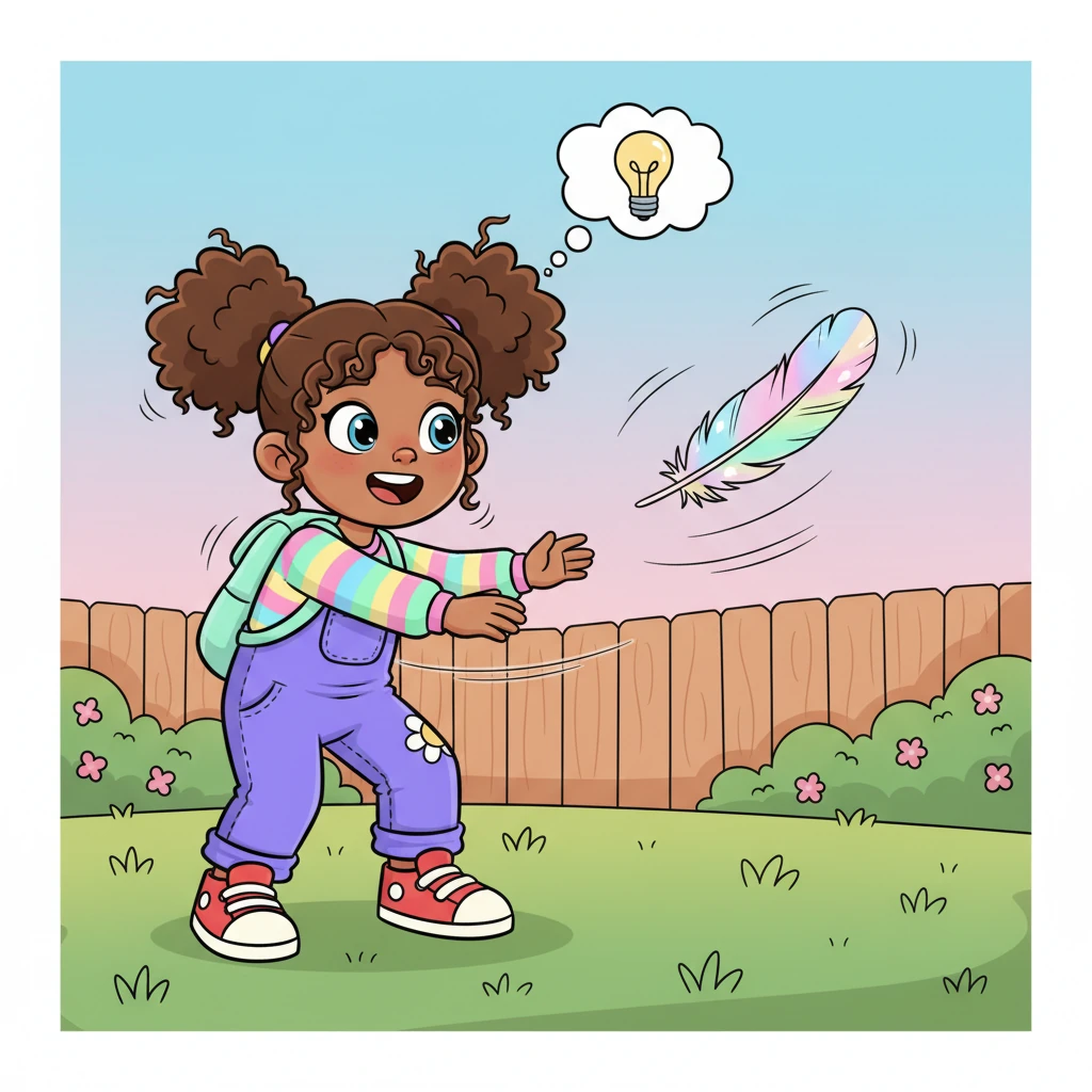 One breezy afternoon, while playing in her backyard, Brielle discovered a magnificent, iridescent feather shimmering on the grass. It was so light and colorful, it seemed to dance in the wind. A brilliant idea sparked in Brielle's mind, making her eyes sparkle with excitement.