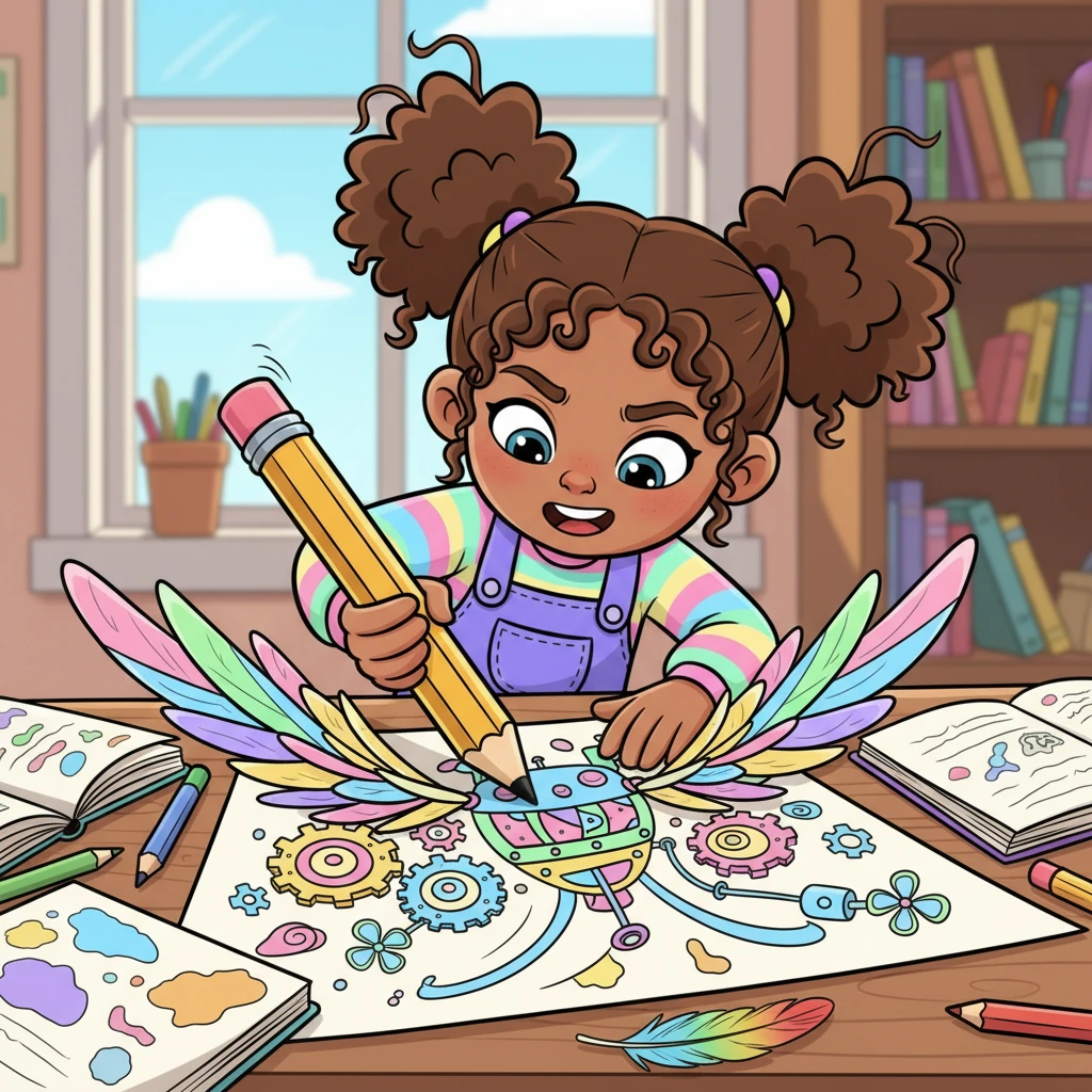 Rushing back to her desk, Brielle began to sketch furiously. She envisioned a fantastical flying machine, inspired by the feather's delicate lift and vibrant hues. Her pencil flew across the paper, bringing to life a whirlwind of gears, wings, and spinning parts, all bursting with color.