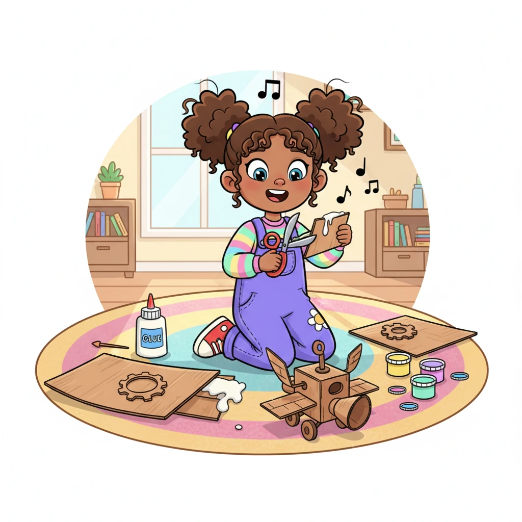 With her blueprint complete, Brielle gathered materials from around her house: sturdy cardboard, a bottle of sticky glue, and pots of bright, cheerful paint. She carefully cut shapes and assembled pieces, humming a happy tune as her creation slowly began to take form. Every snip and dab was filled with determination.