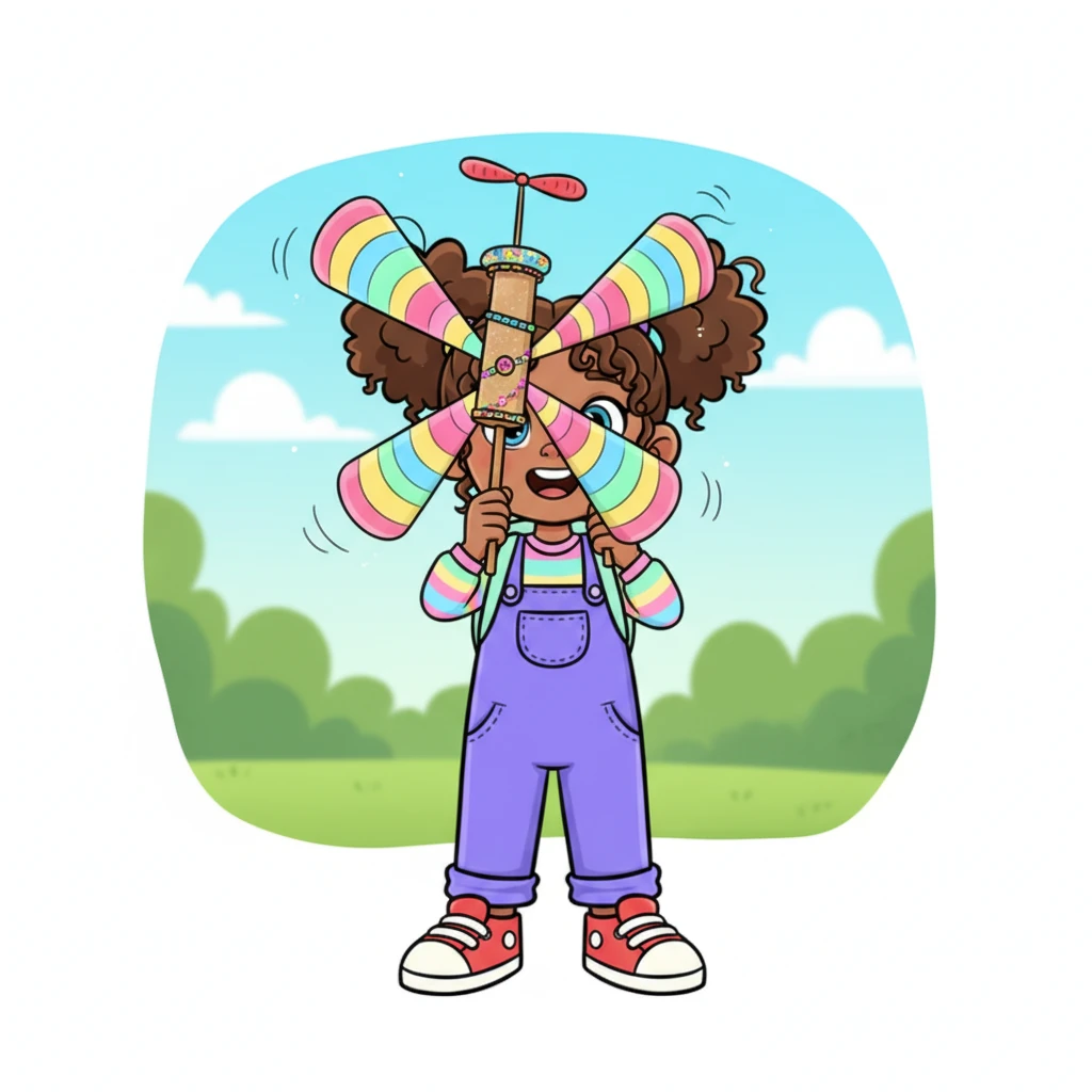Finally, after much gluing and painting, Brielle unveiled her masterpiece: the 'Wonder-Whirligig'! It was a joyous explosion of color, with big, swirling wings and a tiny propeller on top, all designed to catch the lightest breeze. It looked ready to soar right off the page.