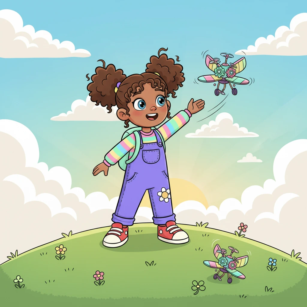 Brielle carried her 'Wonder-Whirligig' to the highest point in her garden, a small, grassy hill. With a deep breath and a hopeful smile, she launched it into the air. The contraption wobbled and spun with great enthusiasm, but alas, it landed softly just a few feet away.