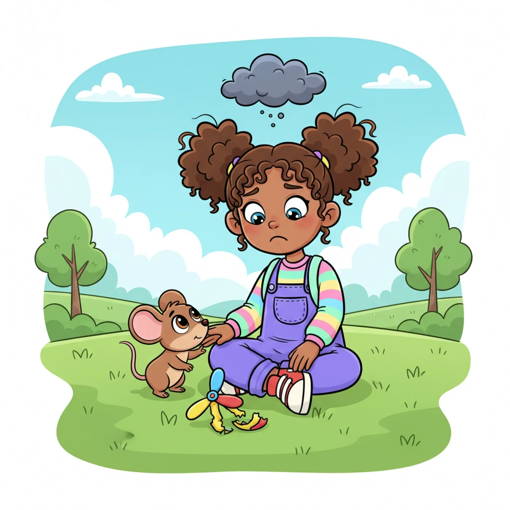 A tiny cloud of disappointment floated over Brielle. She looked at her 'Wonder-Whirligig' lying on the grass, not soaring as high as she had dreamed. Squeaky, sensing her mood, gently nudged her hand with his nose, as if to say, 'Don't give up!'