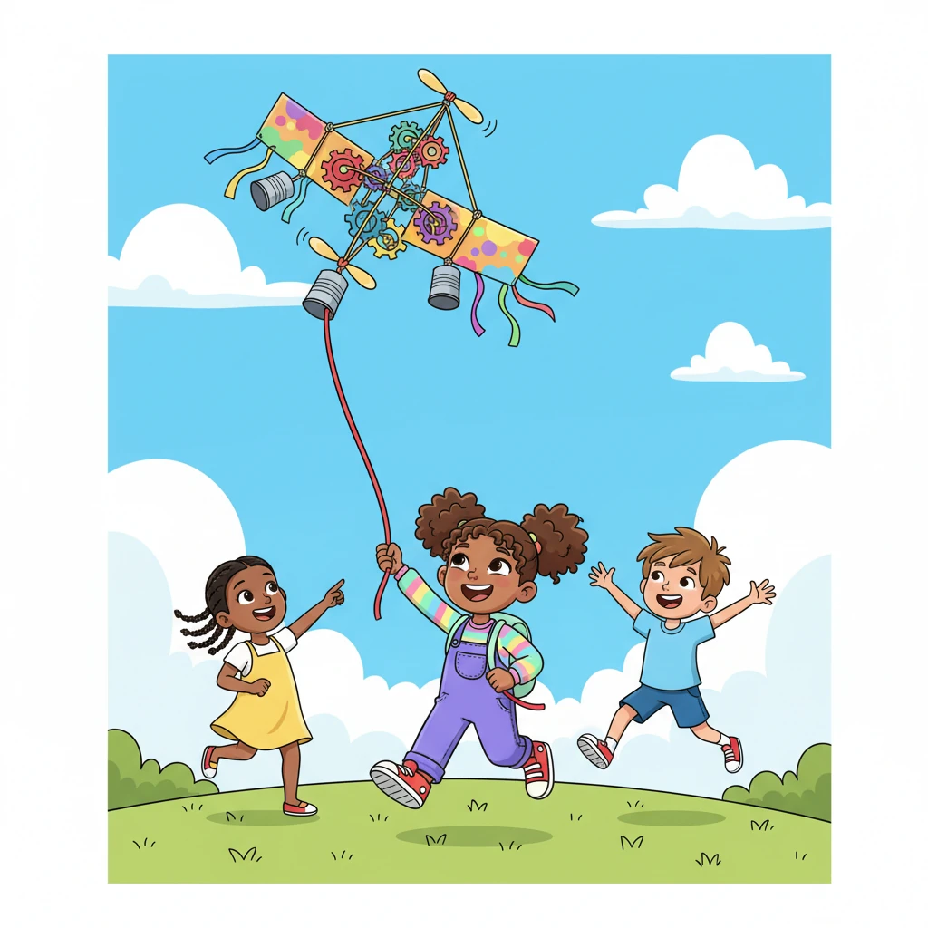 Soon, Brielle was laughing and running with her friends, flying the 'Wonder-Whirligig' high above their heads, tethered to a string like a magnificent kite. It danced and twirled in the sky, a testament to Brielle's imagination and the joy of creating something wonderful, no matter how it turned out.