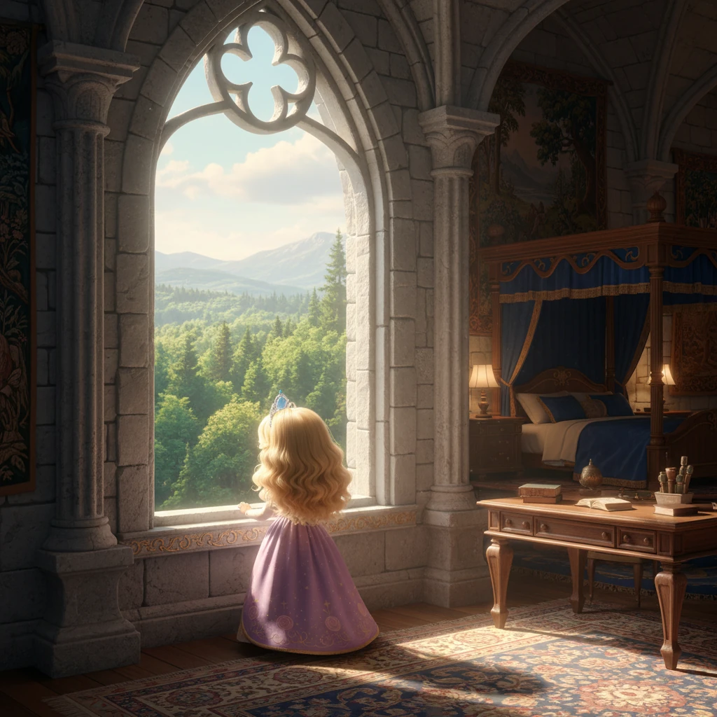 Princess Tokyo, a bright-eyed girl with flowing blonde hair, gazed longingly from her grand castle window. Outside, a vast, emerald forest stretched towards the horizon, beckoning with unseen wonders. Her royal chamber, though opulent, felt small compared to the boundless world beyond the towering stone walls.