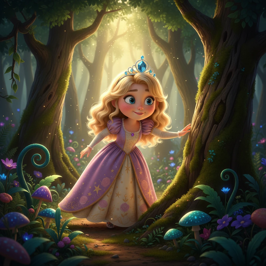 Driven by an adventurous spirit, Tokyo carefully slipped past the castle guards and ventured into the whispering forest. Sunlight dappled through the canopy, illuminating ancient trees and vibrant, fantastical flora. Her heart pounded with excitement and a touch of nervous delight.