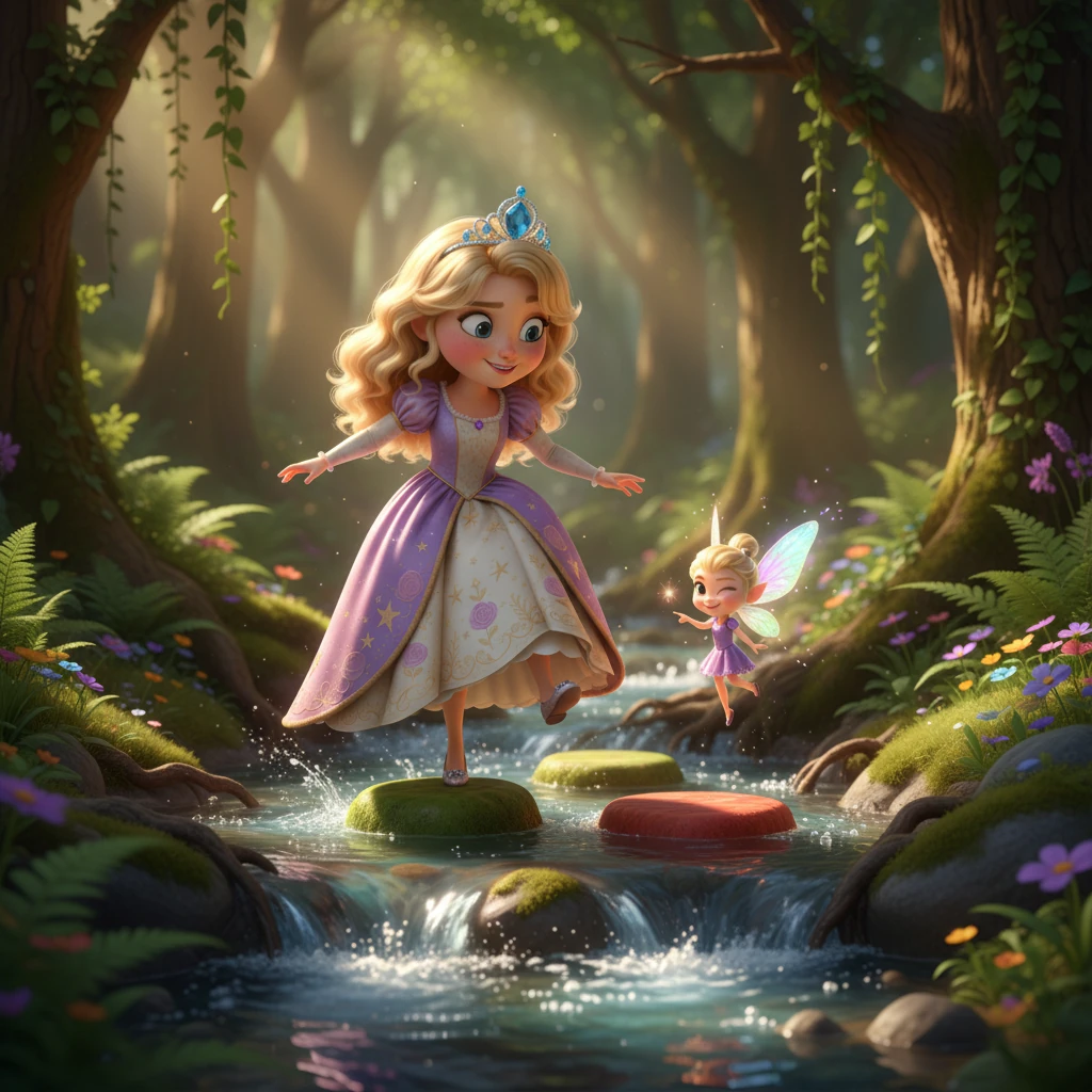 Deep within the woods, Tokyo encountered a swift, babbling brook that blocked her path. With determination, she found a series of smooth, colorful stepping stones. A tiny, iridescent sprite, no bigger than her thumb, fluttered nearby, guiding her with playful winks.