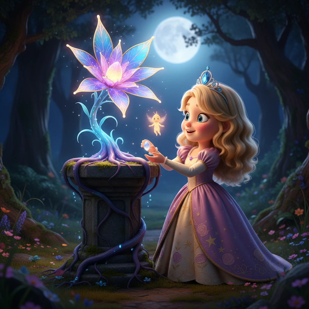Following the sprite's lead, Tokyo arrived at a clearing bathed in moonlight, where a forgotten, ancient pedestal stood. She gently placed the glowing seed upon it. Instantly, roots unfurled, and a magnificent, luminescent flower bloomed, its petals unfurling like stained-glass wings.