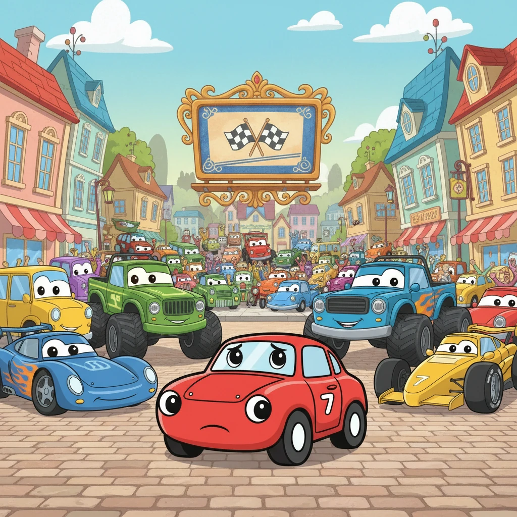 In the town square of Motorville, colorful cars gather. Speedo looks nervous next to the big, impressive race cars. A poster announces the "Great Annual Race – Today!", and the pressure is on. He feels a little intimidated by the other competitors.