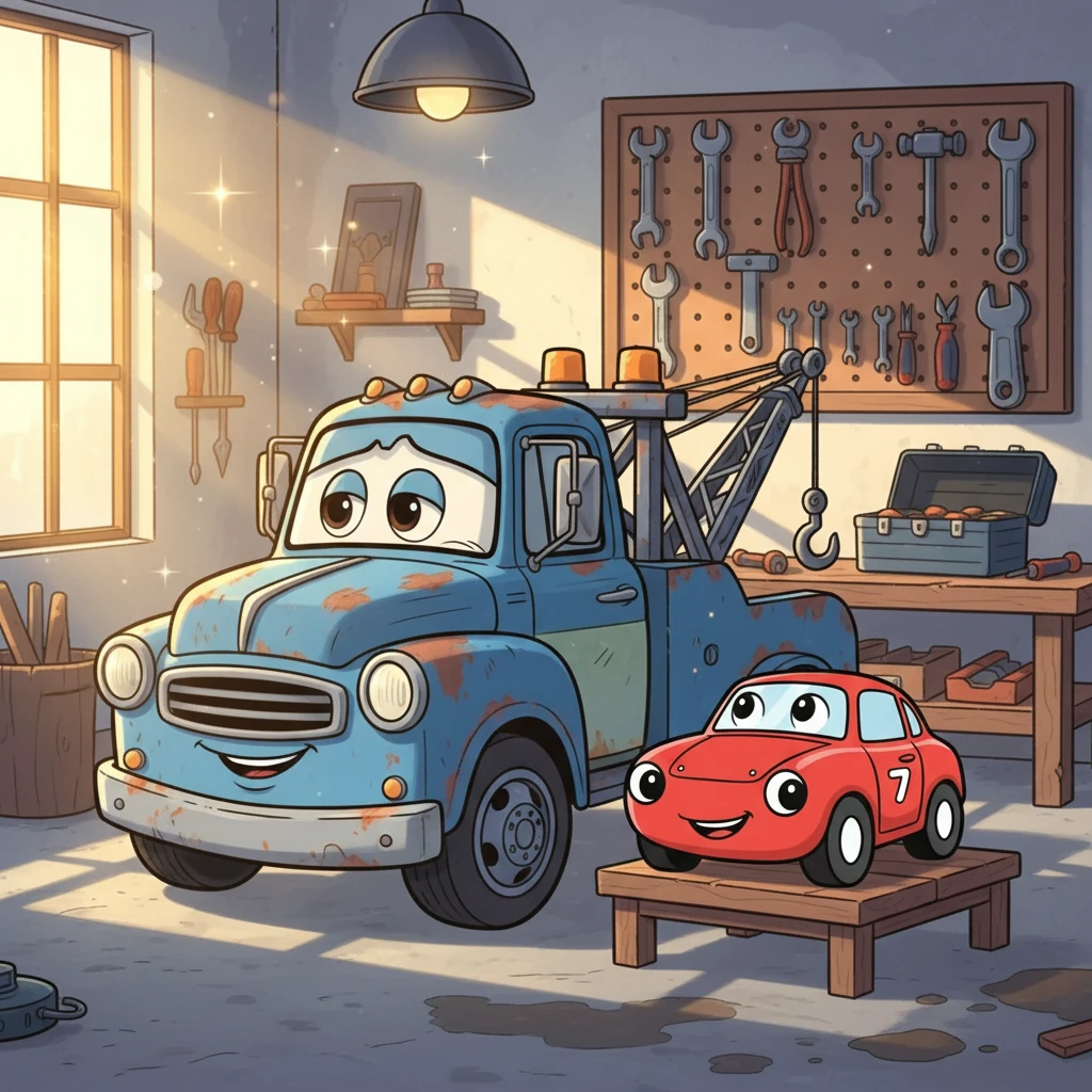 Grumbly the tow truck, old and rusty but strong, watches Speedo with a tired smile as he offers advice. The garage tools sparkle behind him, reflecting the morning light. He tells Speedo, "Believe in yourself, little one!"
