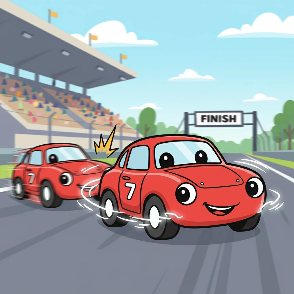 Zippy the motorcycle zooms past in a blur, spinning around Speedo in encouragement. Speedo's eyes shine with hope as Zippy shouts, "You can do it, Speedo!" The air crackles with excitement and support.