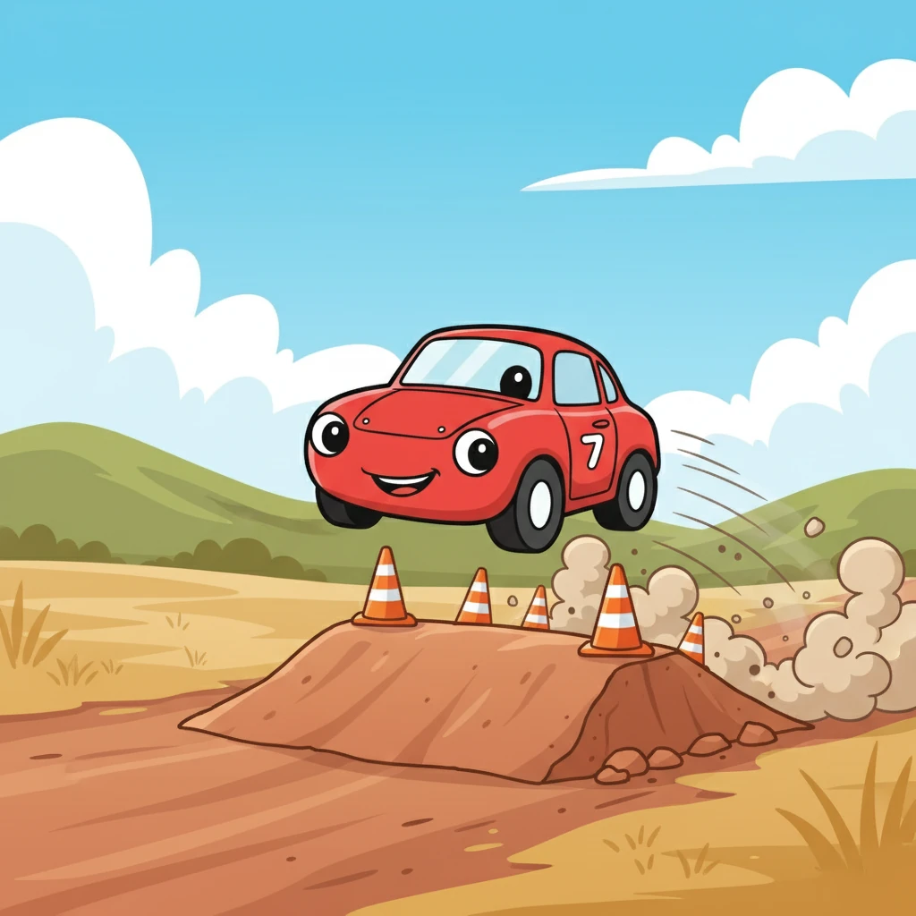 Speedo trains hard on a dirt track, jumping over small ramps and zooming past cones. Clouds of dust rise behind him as he hones his skills. Each lap brings him closer to his dream of winning.