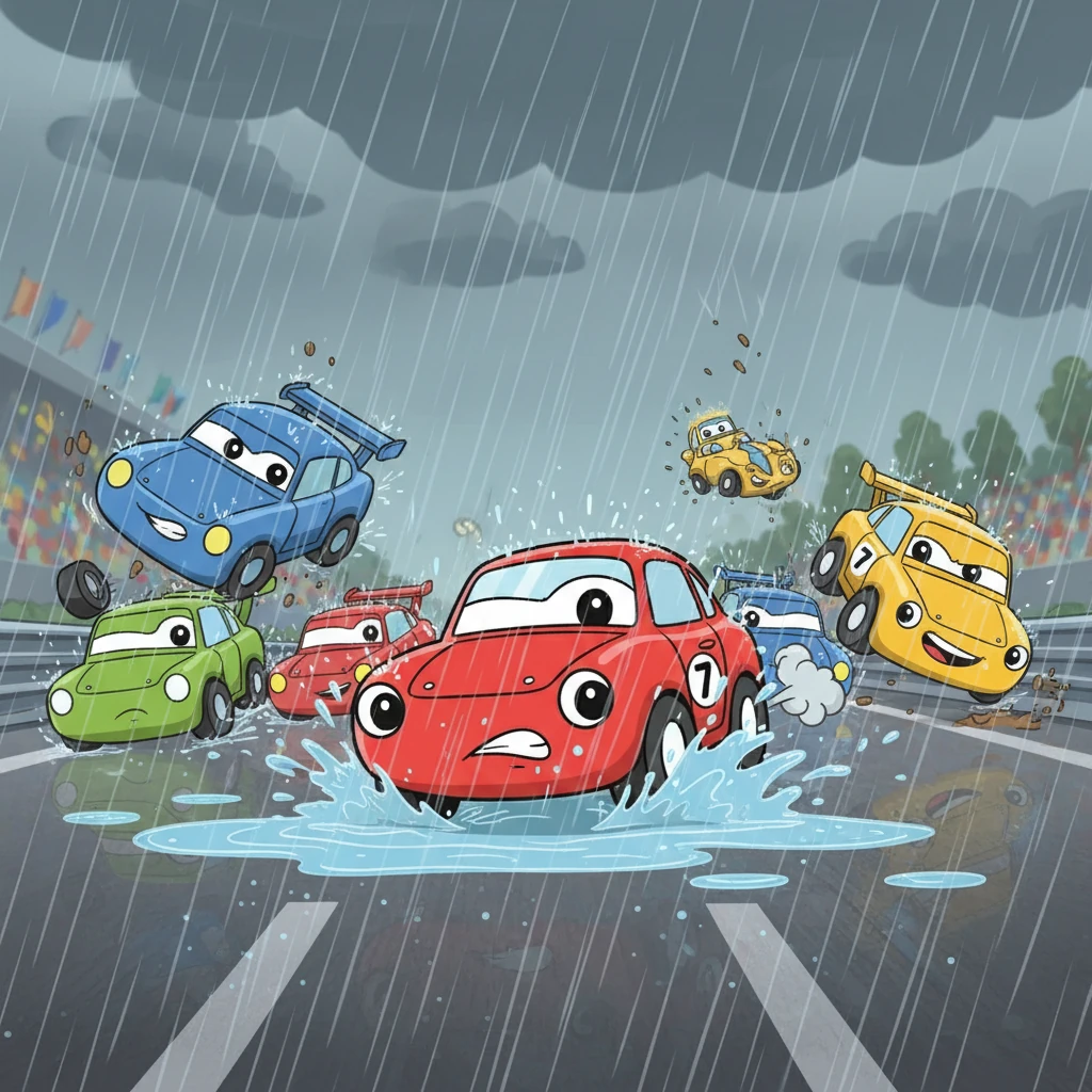 Rain pours during the race. Speedo slips but keeps going, his little engine roaring. Big cars crash and splash water, but Speedo drives forward with determination, refusing to give up even when it's hard.