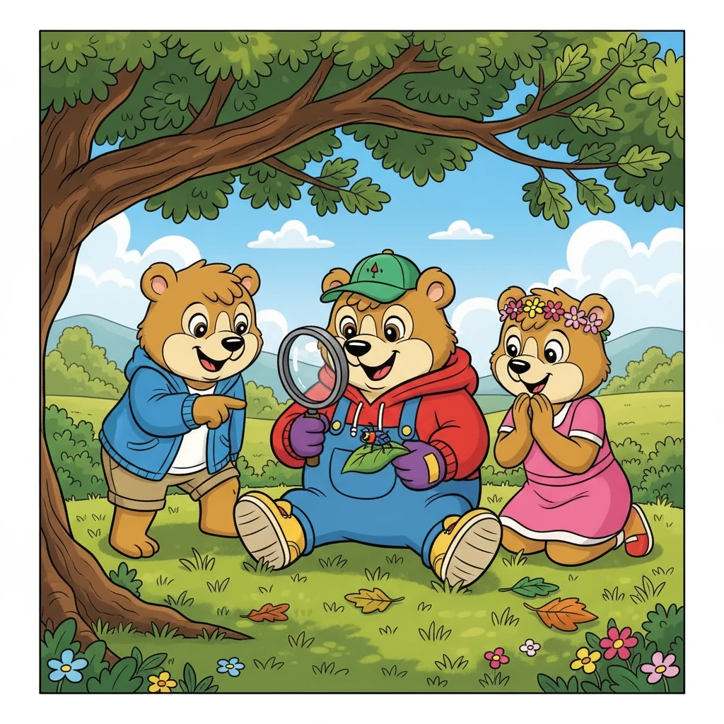 Tea, zvídavý chlapec, seděl pod stromem a zkoumal brouka. V ruce držel lupu a s nadšením pozoroval, jak brouk leze po listu. Vladan a Sára se k němu přidali a společně objevovali svět.