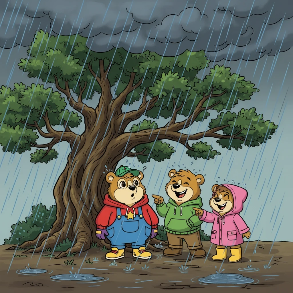 Najednou se zatáhlo a začalo pršet. Sourozenci se schovali pod velký dub. Tea se ptal, proč prší a Vladan se s Sárou smáli jeho otázkám.