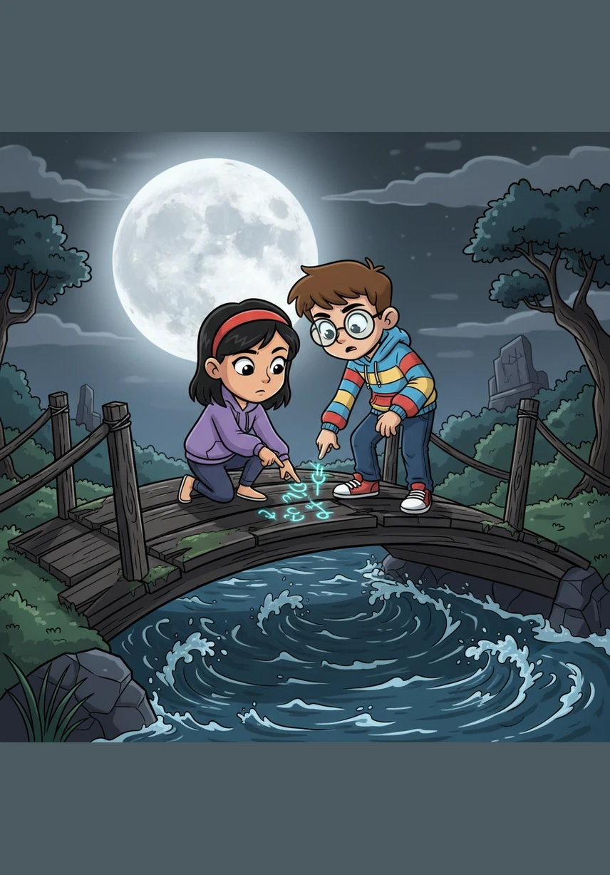 Under the silver glow of a full moon, Maya and Jackson stand on the weathered wooden planks of the old bridge. They trace the strange, glowing symbols carved into the wood, feeling a sudden chill as the water below begins to churn.